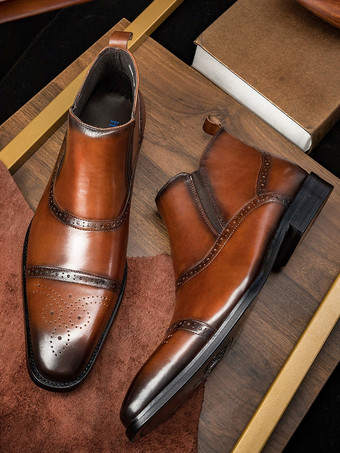 メンズ ブローグチェルシーブーツ ハイカットレザー スクエアトゥ アンクルブーツ