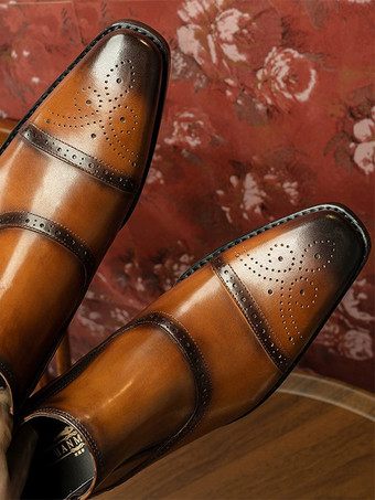 メンズ ブローグチェルシーブーツ ハイカットレザー スクエアトゥ アンクルブーツ