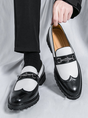 メンズ ホースビットローファー コントラストカラー ブラック＆ホワイト スリッポン ウィングチップシューズ