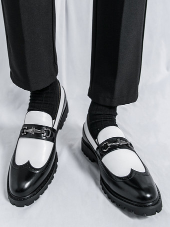 メンズ ホースビットローファー コントラストカラー ブラック＆ホワイト スリッポン ウィングチップシューズ