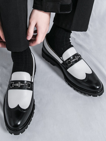 メンズ ホースビットローファー コントラストカラー ブラック＆ホワイト スリッポン ウィングチップシューズ