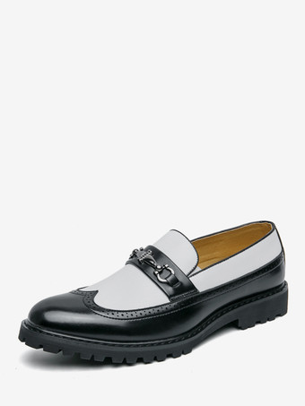 ホワイト メンズ ホースビットローファー コントラストカラー ブラック＆ホワイト スリッポン ウィングチップシューズ