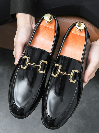 メンズ ホースビットローファー スリッポン パテントレザー ラウンドトゥシューズ