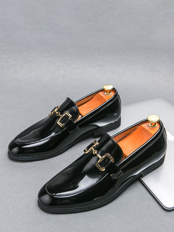 メンズ ホースビットローファー スリッポン パテントレザー ラウンドトゥシューズ