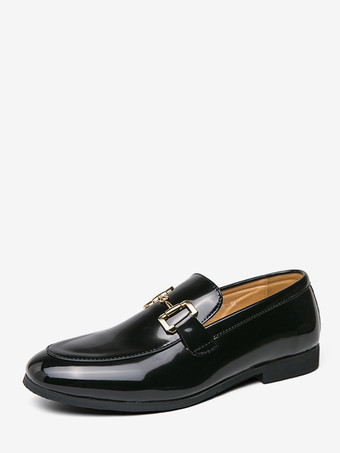ブラック メンズ ホースビットローファー スリッポン パテントレザー ラウンドトゥシューズ