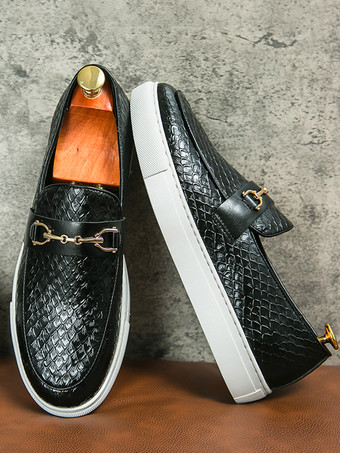 メンズ ホースビットローファー スリッポン フィッシュパターン ラウンドトゥ チャンキーシューズ