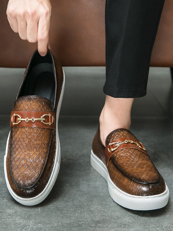 メンズ ホースビットローファー スリッポン フィッシュパターン ラウンドトゥ チャンキーシューズ