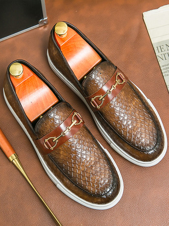 メンズ ホースビットローファー スリッポン フィッシュパターン ラウンドトゥ チャンキーシューズ