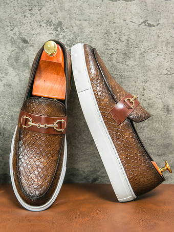 メンズ ホースビットローファー スリッポン フィッシュパターン ラウンドトゥ チャンキーシューズ