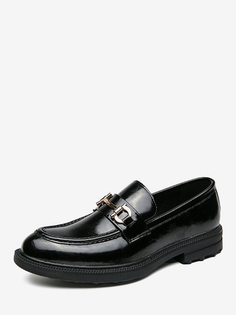 ブラック メンズ ホースビット ローファー スリッポン レザー チャンキー ラウンドトゥ シューズ