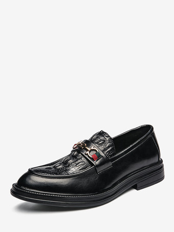 ブラック メンズ ホースビット ローファー スリッポン レザー チャンキー ラウンドトゥ シューズ