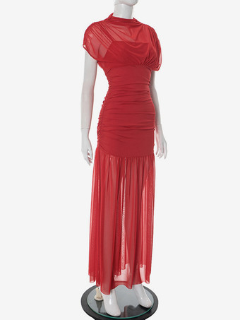 2025年夏向け、ハイネックのルーシュメッシュマキシガウン（レッド）