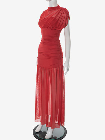 2025年夏向け、ハイネックのルーシュメッシュマキシガウン（レッド）