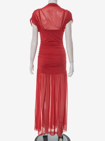 2025年夏向け、ハイネックのルーシュメッシュマキシガウン（レッド）