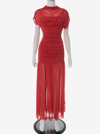 2025年夏向け、ハイネックのルーシュメッシュマキシガウン（レッド）