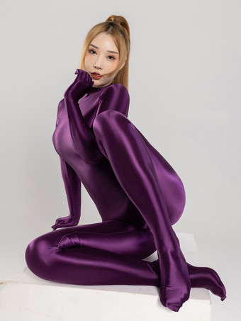 パープル 全身スパンデックス全身タイツスーツ 光沢のあるフルカバーキャットスーツ バックジッパー付き