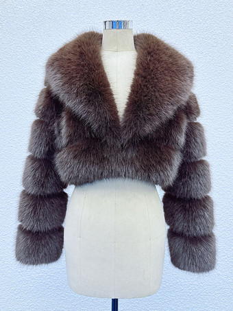 ブラウン 2025年冬向け、レイヤードスリーブとラペルデザインのフェイクファークロップジャケット