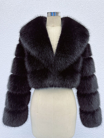 ブラック 2025年冬向け、レイヤードスリーブとラペルデザインのフェイクファークロップジャケット