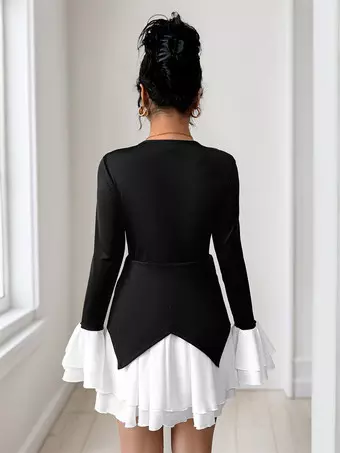 Contrasting Color Flare Sleeves Mini Dress With V-neck And Layered Skirt  For Autumn 2026 - Milanoo.com