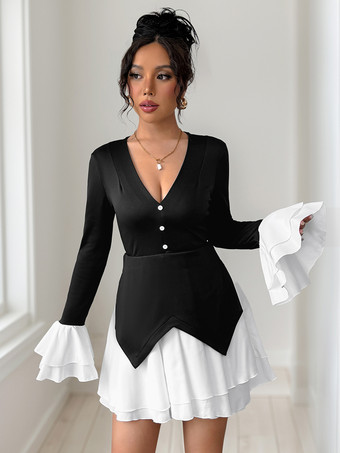 2025年秋冬、コントラストカラーのフレアスリーブ、Vネック、レイヤードスカートのミニドレス