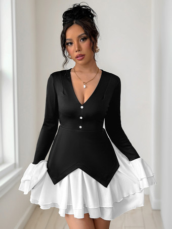 2025年秋冬、コントラストカラーのフレアスリーブ、Vネック、レイヤードスカートのミニドレス