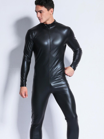 メンズ グロスラテックスキャットスーツ フルレングススリーブ ジッパージャンプスーツ ステージパフォーマンス用
