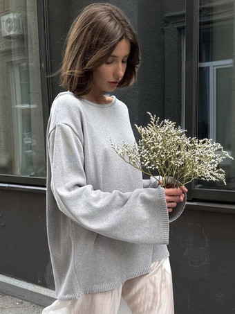 グレイ2025年冬向け、オープンバックの無地リラックスフィットプルオーバーセーター