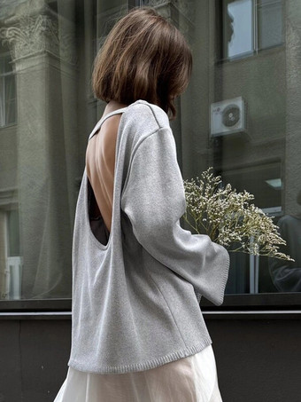 2025年冬向け、オープンバックの無地リラックスフィットプルオーバーセーター