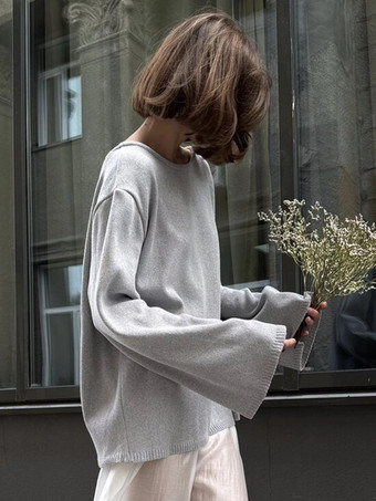 2025年冬向け、オープンバックの無地リラックスフィットプルオーバーセーター