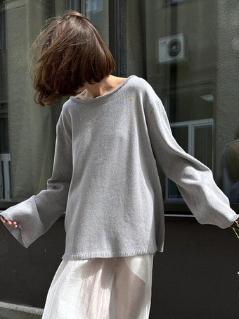 2025年冬向け、オープンバックの無地リラックスフィットプルオーバーセーター