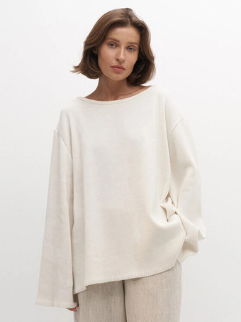 アイボリー 2025年冬向け、オープンバックの無地リラックスフィットプルオーバーセーター