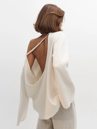 2025年冬向け、オープンバックの無地リラックスフィットプルオーバーセーター