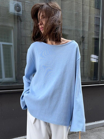 ブルー 2025年冬向け、オープンバックの無地リラックスフィットプルオーバーセーター