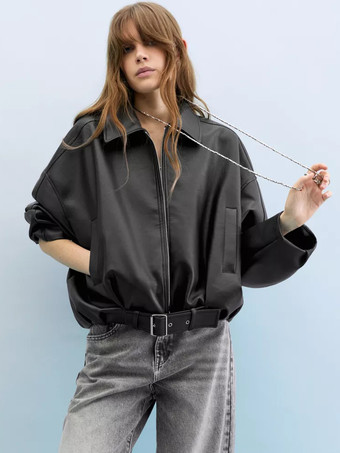 ブラック 2025年秋冬 ベルト付きオーバーサイズフェイクレザーボンバージャケット