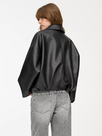 2025年秋冬 ベルト付きオーバーサイズフェイクレザーボンバージャケット