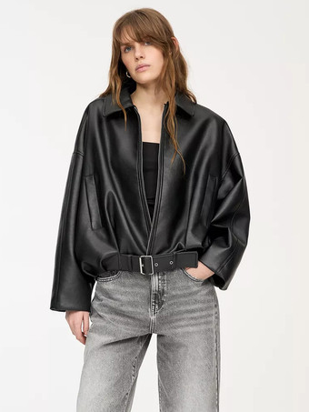2025年秋冬 ベルト付きオーバーサイズフェイクレザーボンバージャケット
