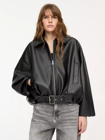 2025年秋冬 ベルト付きオーバーサイズフェイクレザーボンバージャケット