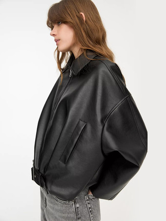 2025年秋冬 ベルト付きオーバーサイズフェイクレザーボンバージャケット