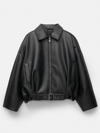 2025年秋冬 ベルト付きオーバーサイズフェイクレザーボンバージャケット