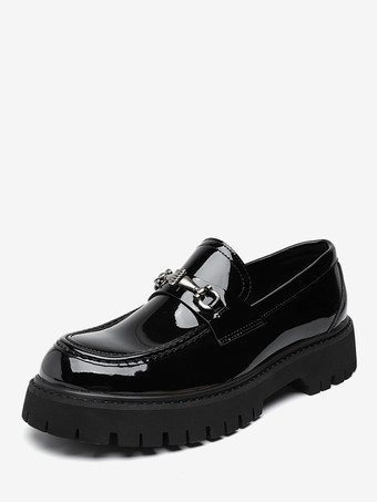 ブラック メンズ ホースビットローファー スリッポン パテント 滑り止め チャンキーシューズ