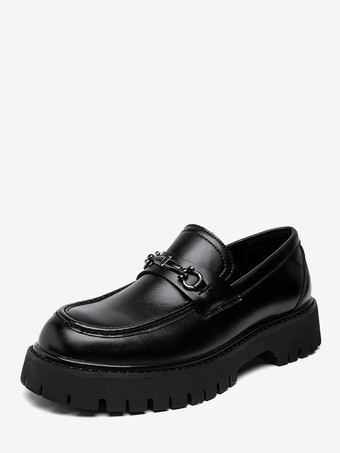 PUブラックメンズ ホースビットローファー スリッポン パテント 滑り止め チャンキーシューズ