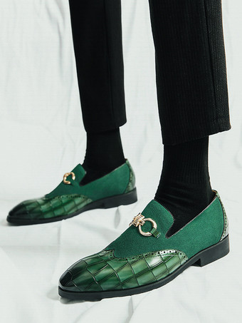 メンズ ホースビットローファー ストーンパターン スプライス スエードレザー スリッポン ポインテッドトゥシューズ