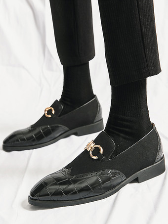 メンズ ホースビットローファー ストーンパターン スプライス スエードレザー スリッポン ポインテッドトゥシューズ