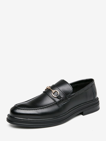 ブラック メンズ ホースビット ローファー スリッポン レザー チャンキー ラウンドトゥ シューズ