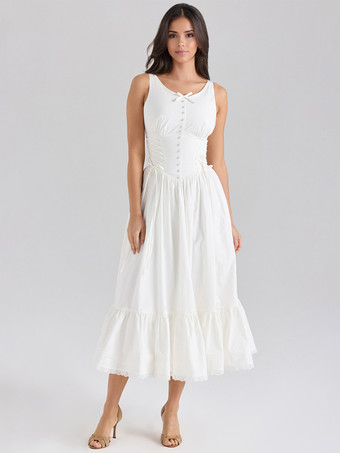 2025年夏にぴったりの、ホワイトのノースリーブレースアップミディドレス