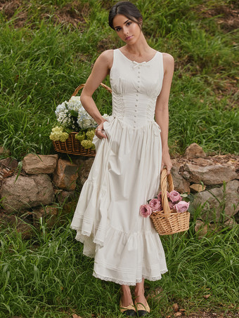 ホワイト 2025年夏にぴったりの、ホワイトのノースリーブレースアップミディドレス