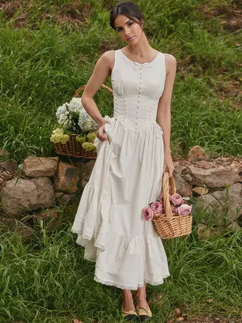 Sleeveless Lace Up Midi Dress In White For Summer 2026 - Milanoo.com Sleeveless Lace Up Midi Dress In White For Summer 2026 - Milanoo.com