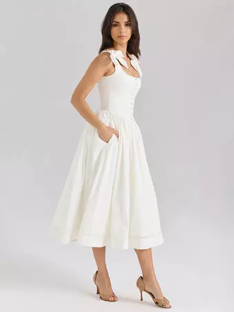 White Midi Dress With Sweet Bow Shoulders And A-line Silhouette For Summer  2026 - Milanoo.com