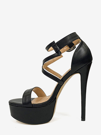 ブラック レディースセクシーサンダル プラットフォーム オープントゥ ストラップ ハイヒール サンダルシューズ