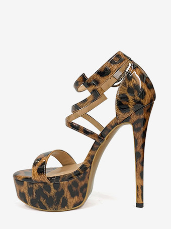 ヒョウ柄レディースセクシーサンダル プラットフォーム オープントゥ ストラップ ハイヒール サンダルシューズ